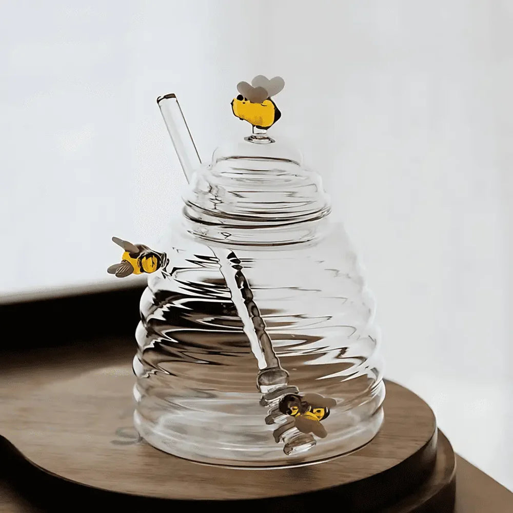 Decorative glass honey jar on kitchen counter