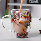 FloralGlow Double-Walled Glass Mug with floral design