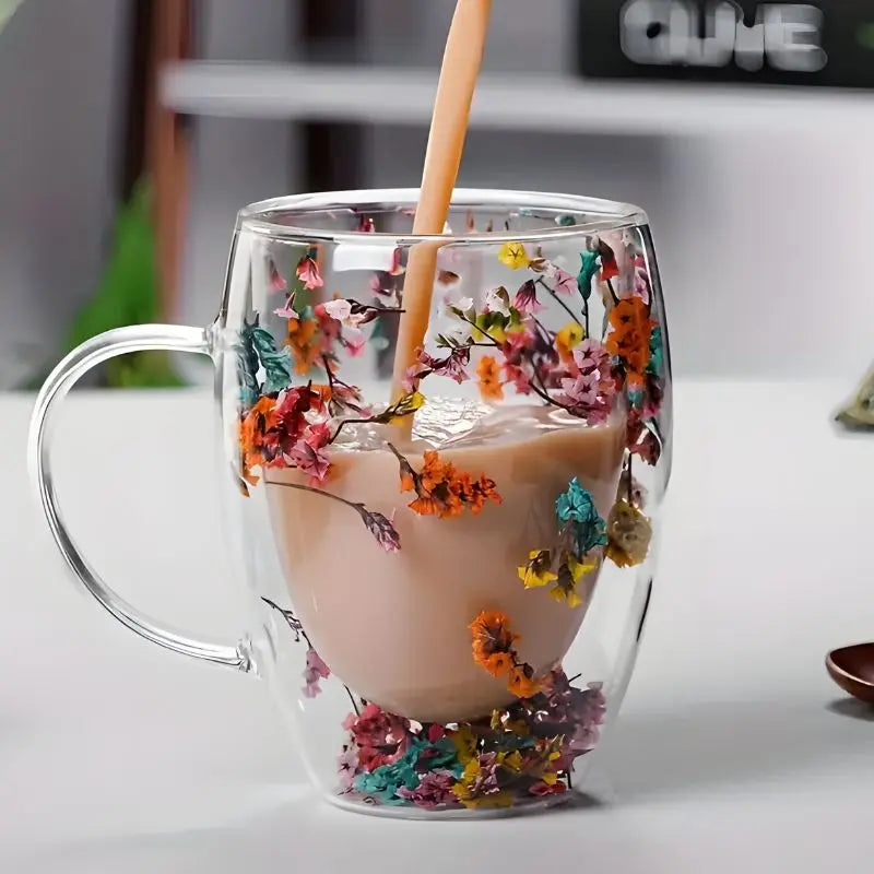 FloralGlow Double-Walled Glass Mug with floral design