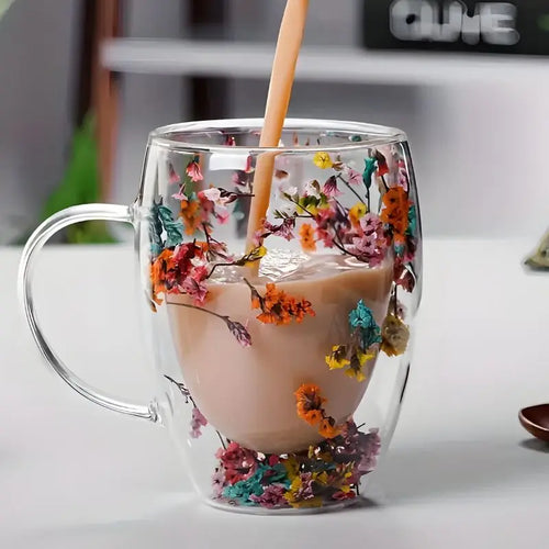 FloralGlow Double-Walled Glass Mug with floral design