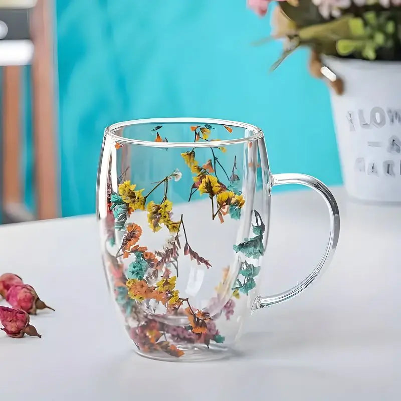 FloralGlow Double-Walled Glass Mug